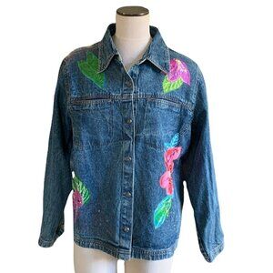 VTG BOHO Floral Embroidered Denim Jean Jacket Sz 1XL by Mirasol #73F